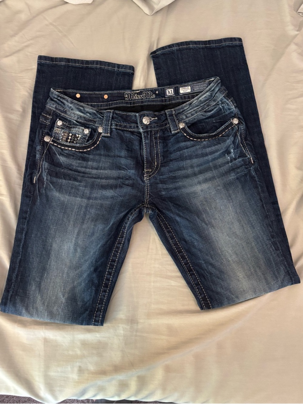 Miss Me Women's Dark Wash Low Rise Bootcut Jeans with Embellished Pockets